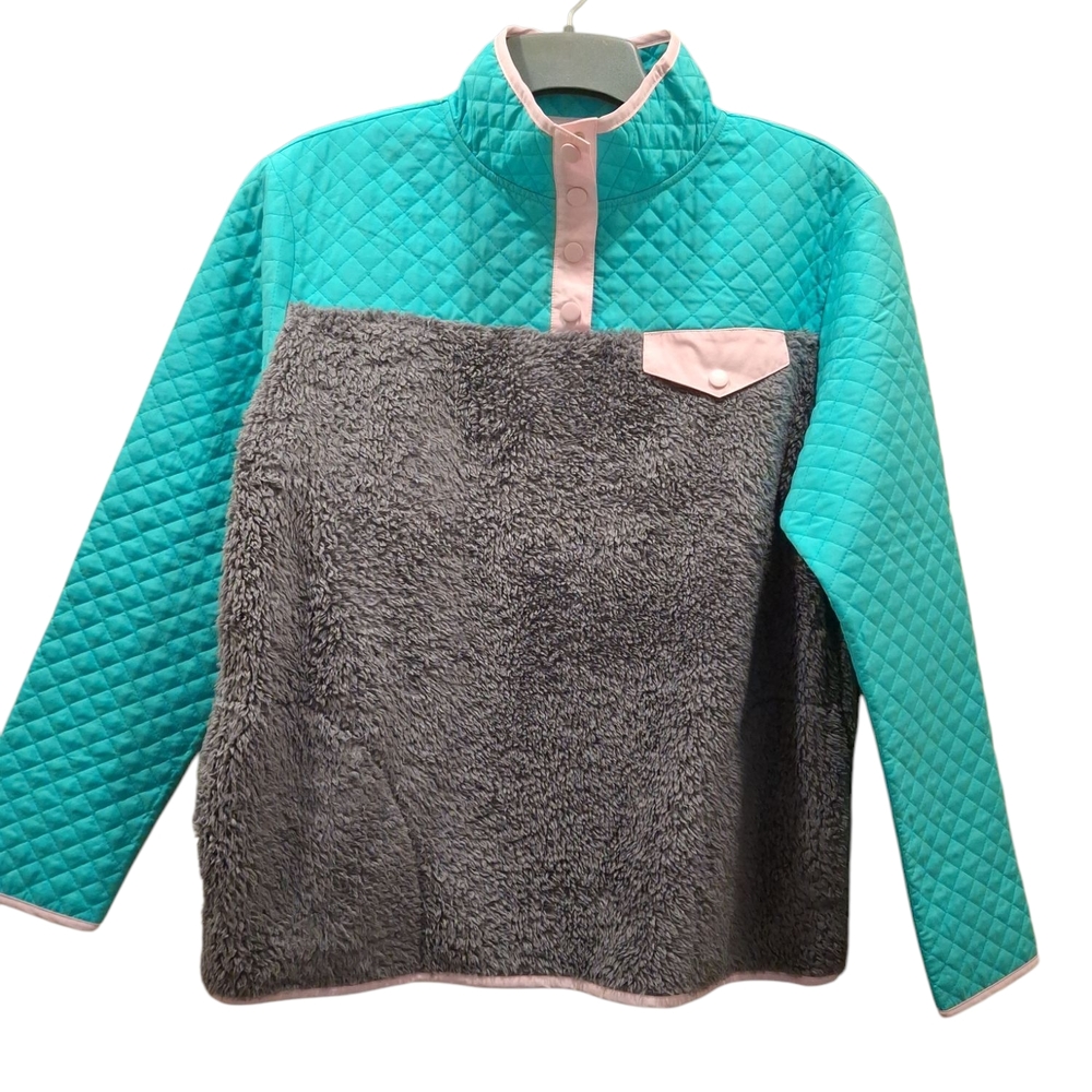 "Cabana by Crown & Ivy" Teal and Gray Quilted and Sherpa Pullover. Sz.L......